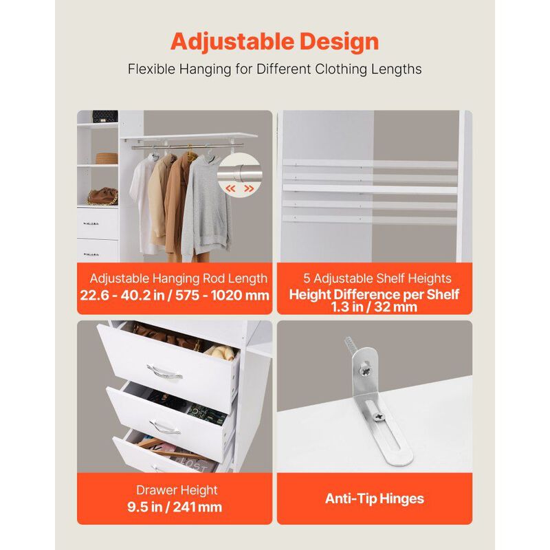 Adjustable Closet System with Drawers and Hanging Rods, Freestanding Wardrobe image number 5