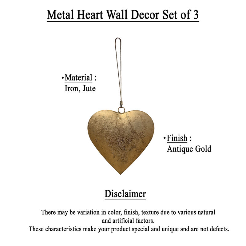 Myri Decorative Metal Heart Wall Decor Set of 3, Antique Gold Iron with Jute Hanging Rope, 12, 9.5, 7 Inches