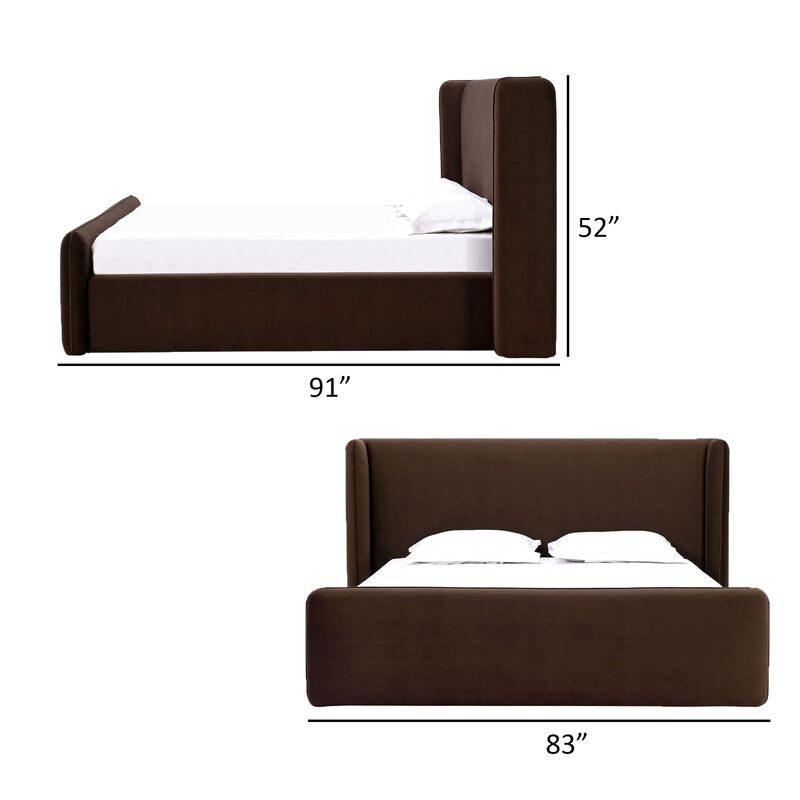 Baca Queen Platform Bed, Velvet Upholstery, Wingback Headboard, Brown - Benzara image number 4