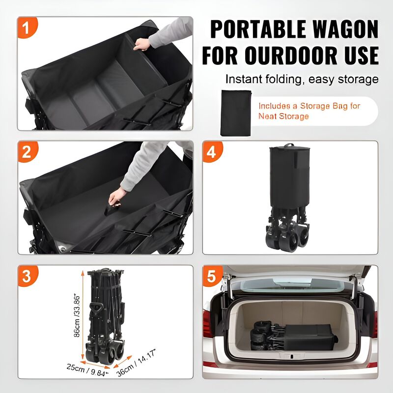 Folding Double Decker Utility Wagon Cart with All-Terrain Wheels for Beach, Garden & Camping-Black image number 4
