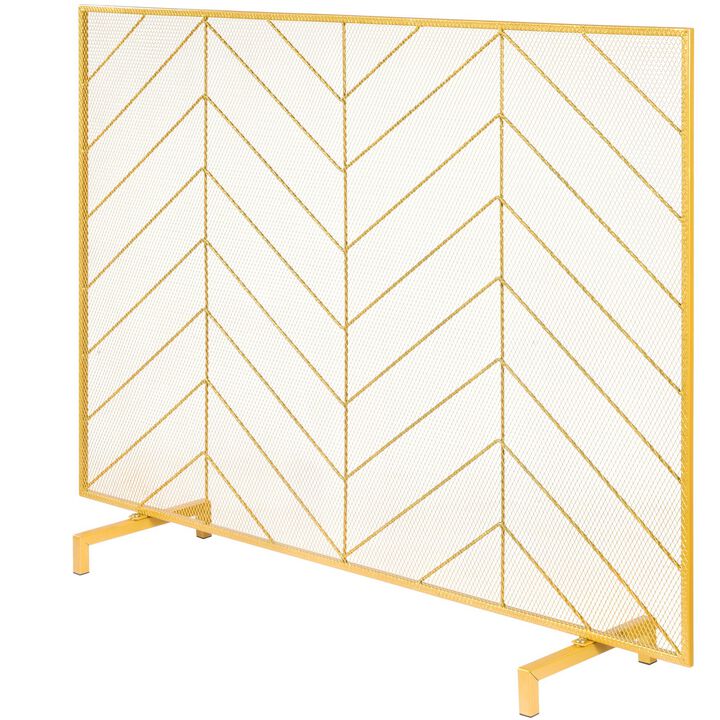 Single Panel Fireplace Screen with Iron Mesh, Freestanding Spark Guard for Indoor Fireplace-Gold
