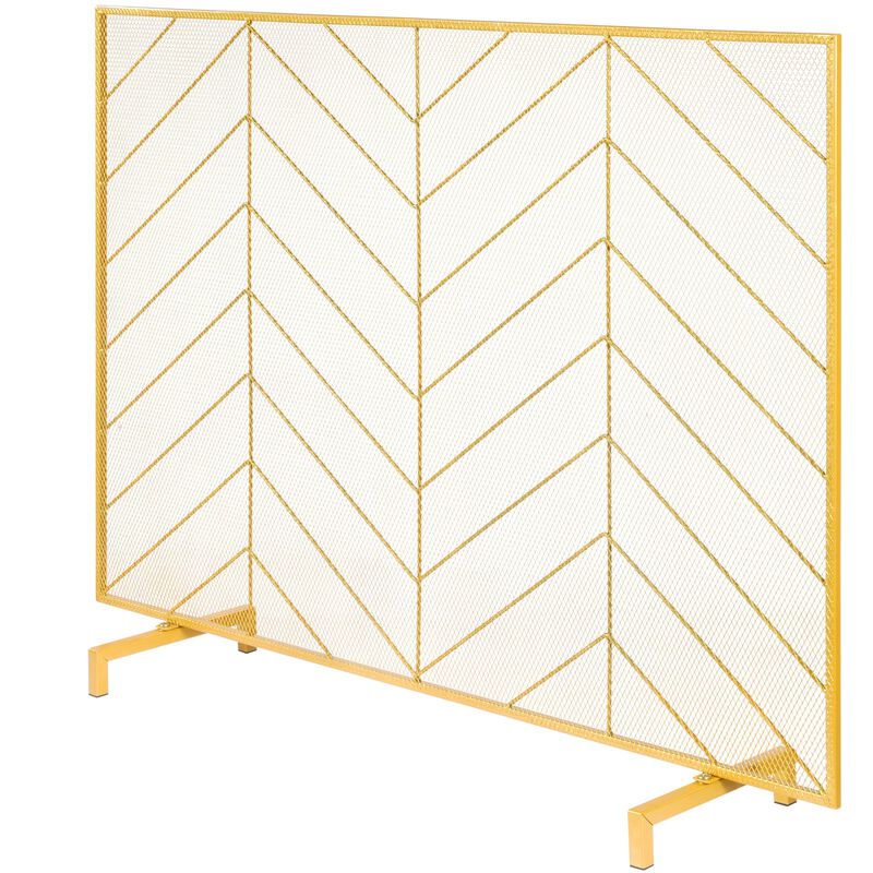 Single Panel Fireplace Screen with Iron Mesh, Freestanding Spark Guard for Indoor Fireplace-Gold image number 0