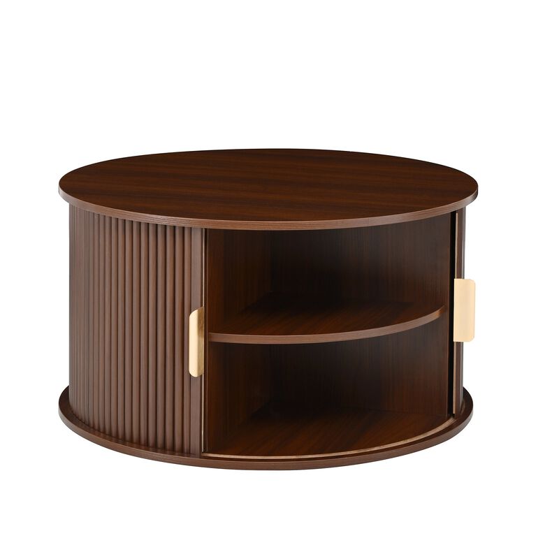 Mid Century Coffee Table Set with Sliding Tambour Door Fluted Round End Table with Storage image number 8