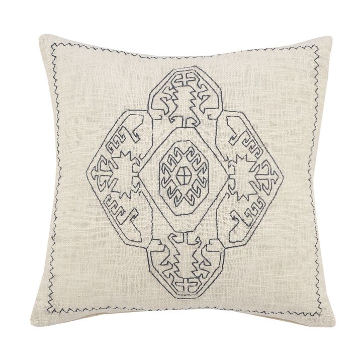 20" Blue and Off White Embroidered Damask Medallion Square Throw Pillow