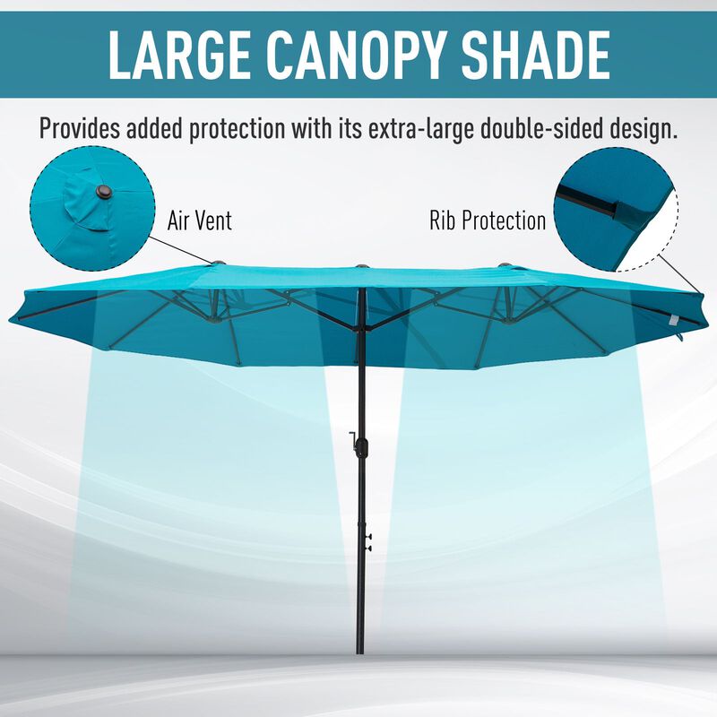 Patio Umbrella 15ft Double-Sided Outdoor Market Extra Large Umbrella with Crank Handle for Deck, Lawn, Backyard and Pool, Blue