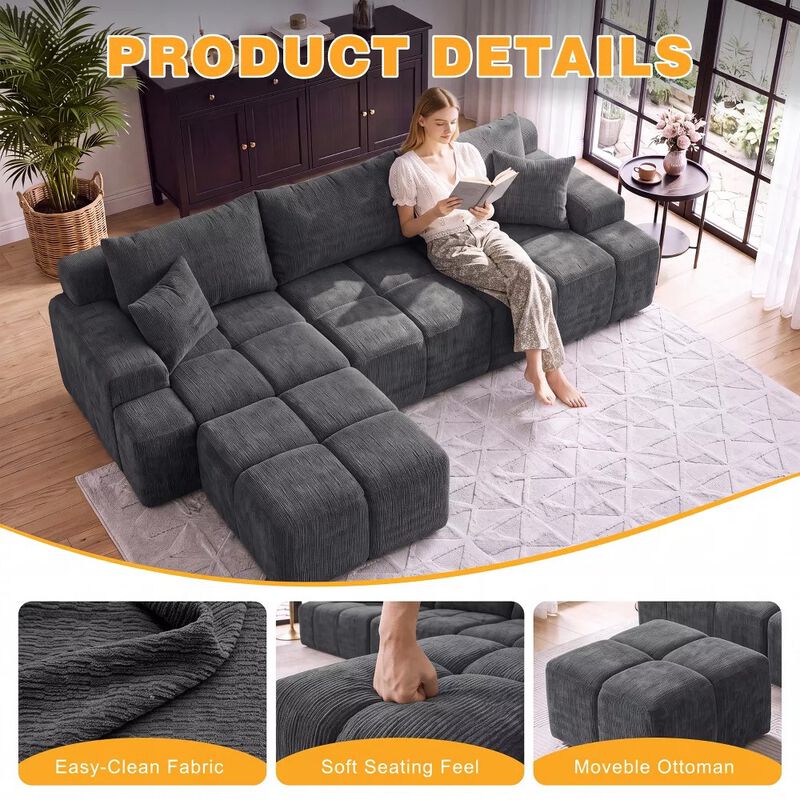 Vipbear 122" L Shaped Modular Sectional Sofa with Ottoman Oversized Deep Seat Comfy Chenille Fabric image number 4