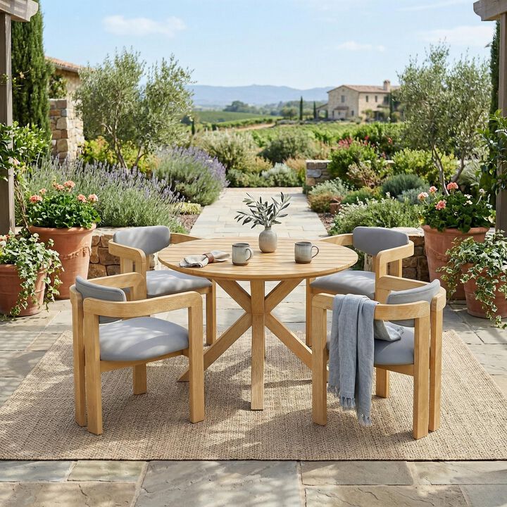 Merax 5-Piece Acacia Wood Patio Dining Set &ndash; Round Table + 4 Barrel Armchairs
