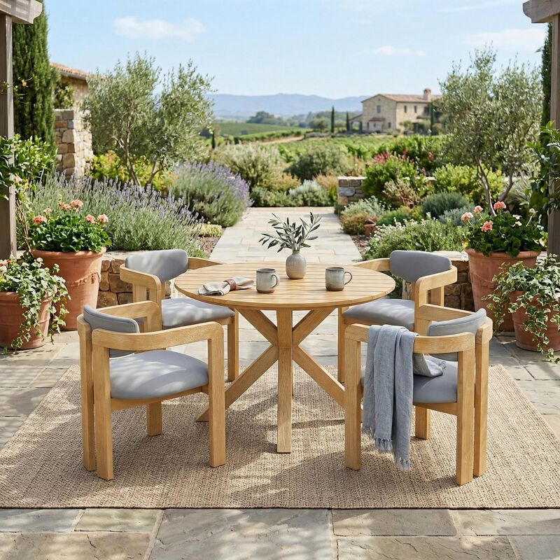 Merax 5-Piece Acacia Wood Patio Dining Set &ndash; Round Table + 4 Barrel Armchairs image number 1
