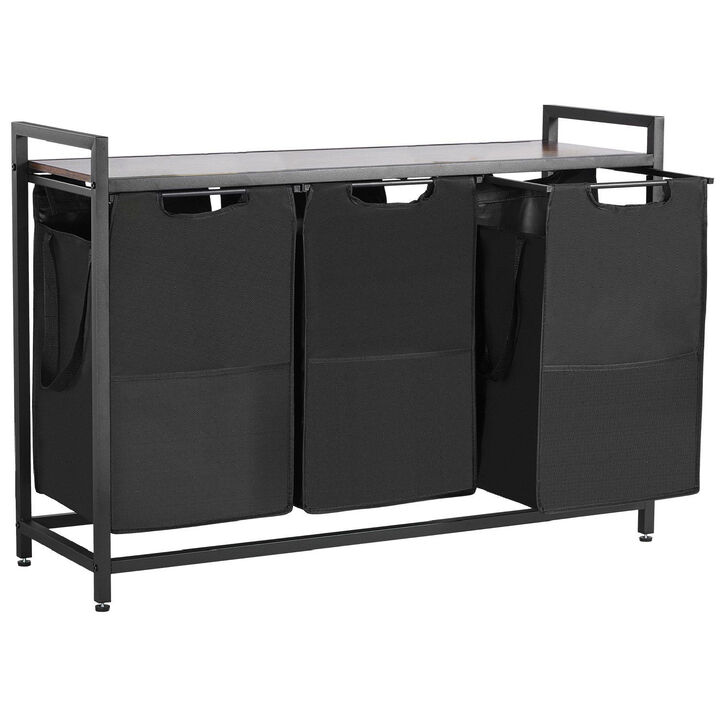 3 Section Laundry Sorter, Hamper with Metal Frame & Wooden Top, Pull-Out Bags
