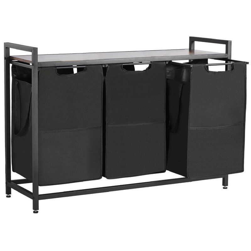 3 Section Laundry Sorter, Hamper with Metal Frame & Wooden Top, Pull-Out Bags image number 0