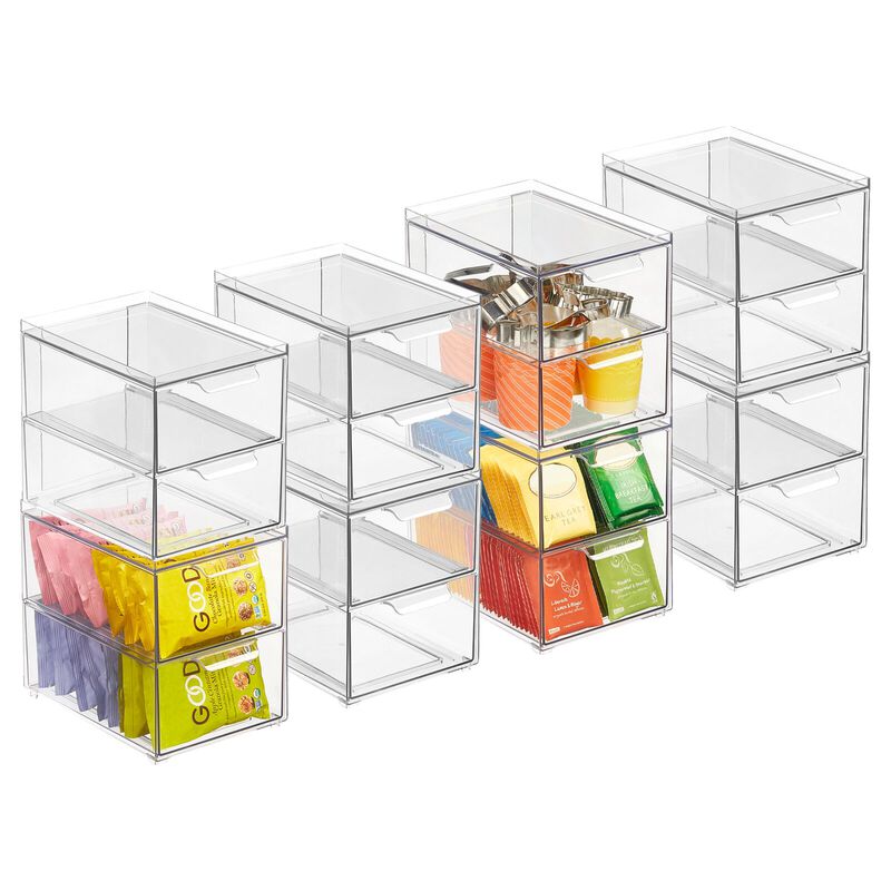 mDesign Stacking Plastic Storage Kitchen Bin - 2 Pull-Out Drawers, 8 Pack, Clear