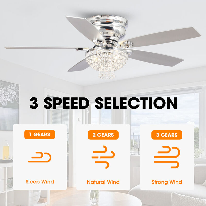 52" Modern Chrome Low Profile Crystal Ceiling Fan with Remote and 3-Speed Motor