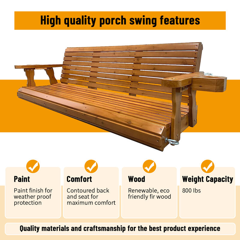 Wooden Porch Swing 3-Seater, Bench Swing with Cupholders, Hanging Chains and 7mm Springs, Heavy Duty 800 LBS, for Outdoor Patio Garden Yard, Brown-5 feet