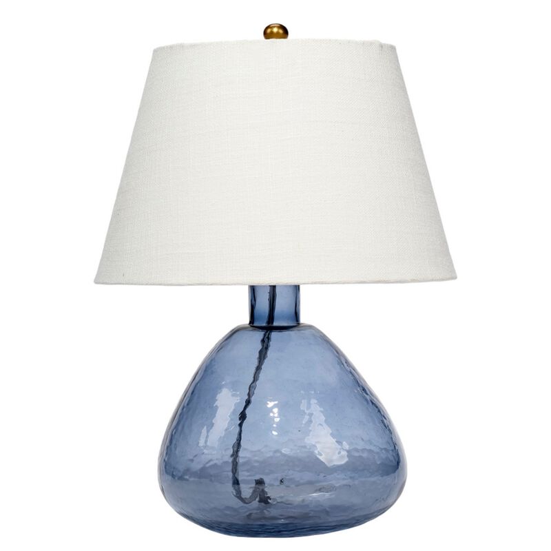 Navi 17 Inch Table Lamp, White Linen Drum Shade, Blue Glass Curved Body - Benzara