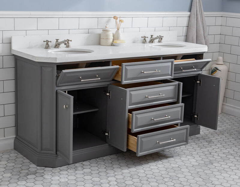 Palace 72 In. Double Sink Carrara Quartz Countertop Bath Vanity in Cashmere Grey with Polished Nickel (PVD) Hardware