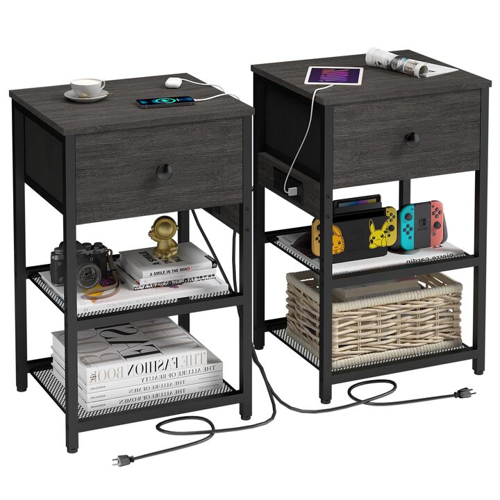 LTTDOUK Nightstands Set of 2 with Charging Station, Bedside Tables with Fabric-Wood 2-in-1 Drawer, End Table for Small Spaces, G