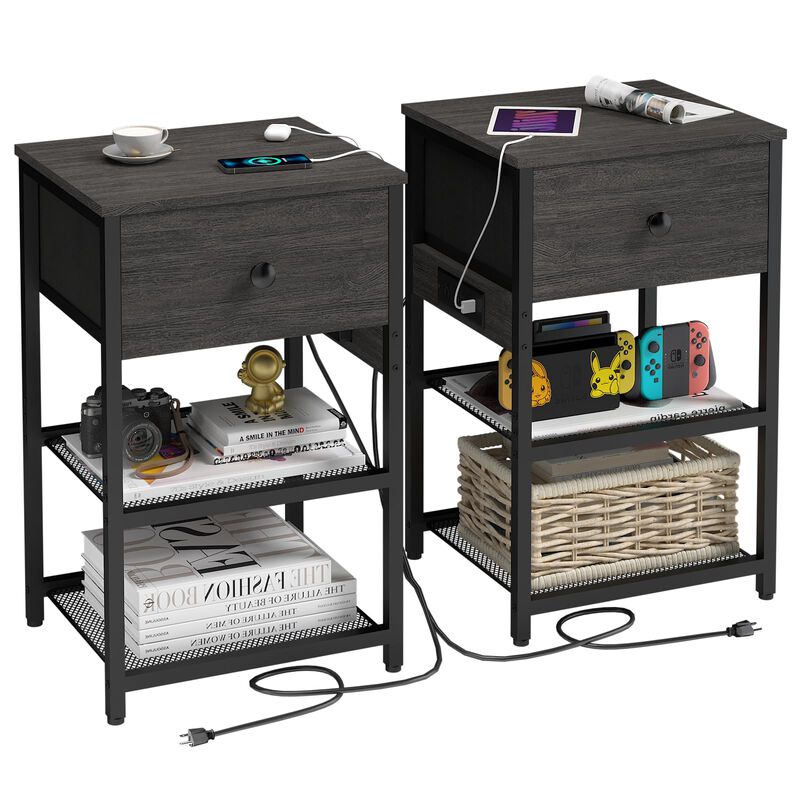 LTTDOUK Nightstands Set of 2 with Charging Station, Bedside Tables with Fabric-Wood 2-in-1 Drawer, End Table for Small Spaces, G