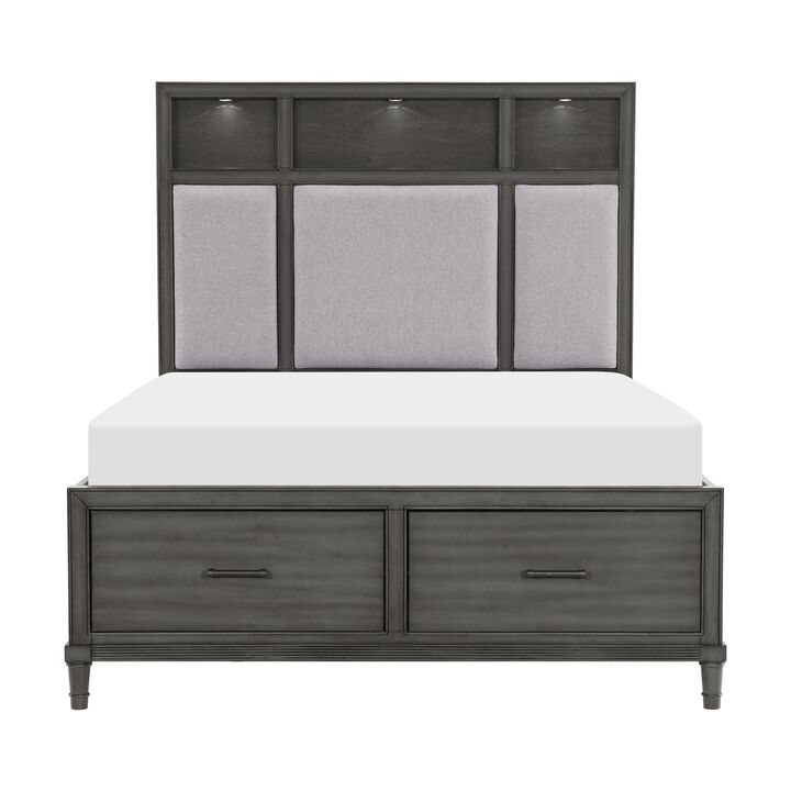 Celia Queen Platform Bed, 2 Drawers, Shelves on Headboard, Pebble Gray - Benzara