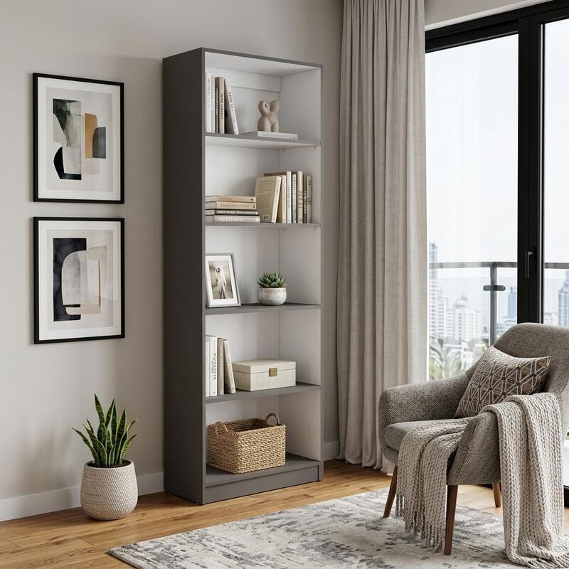 HomeRoots 71" Gray And White Wood Five Tier Bookcase image number 1