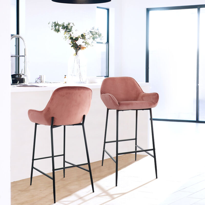 Elama 2 Piece Velvet Bar Stool in Blush Pink with Black Legs image number 1