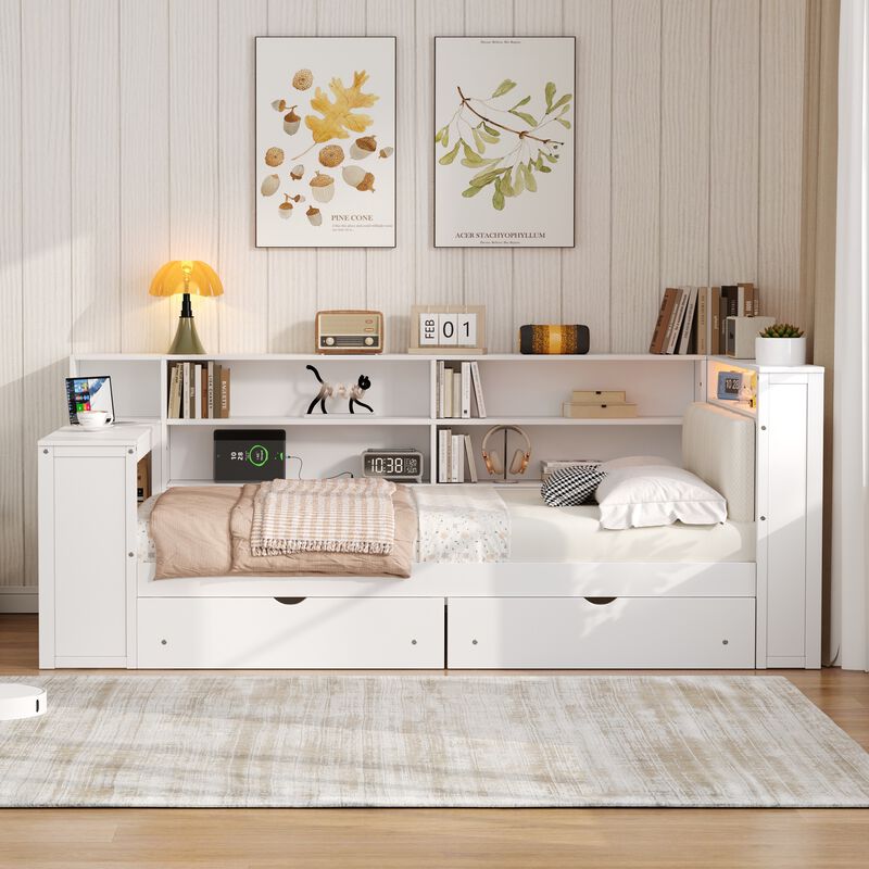 Merax Bed with Storage Shelves, Drawers, Charging Station, LED