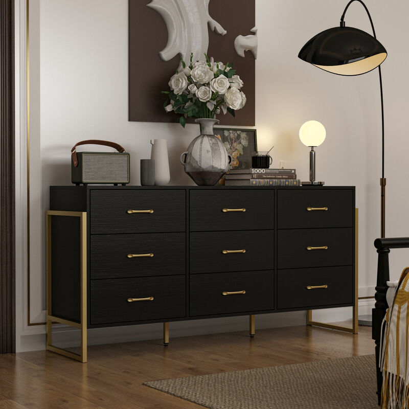 Black Wood 9 Big Drawers 61.4 in. W Dresser With Metal Frame Legs