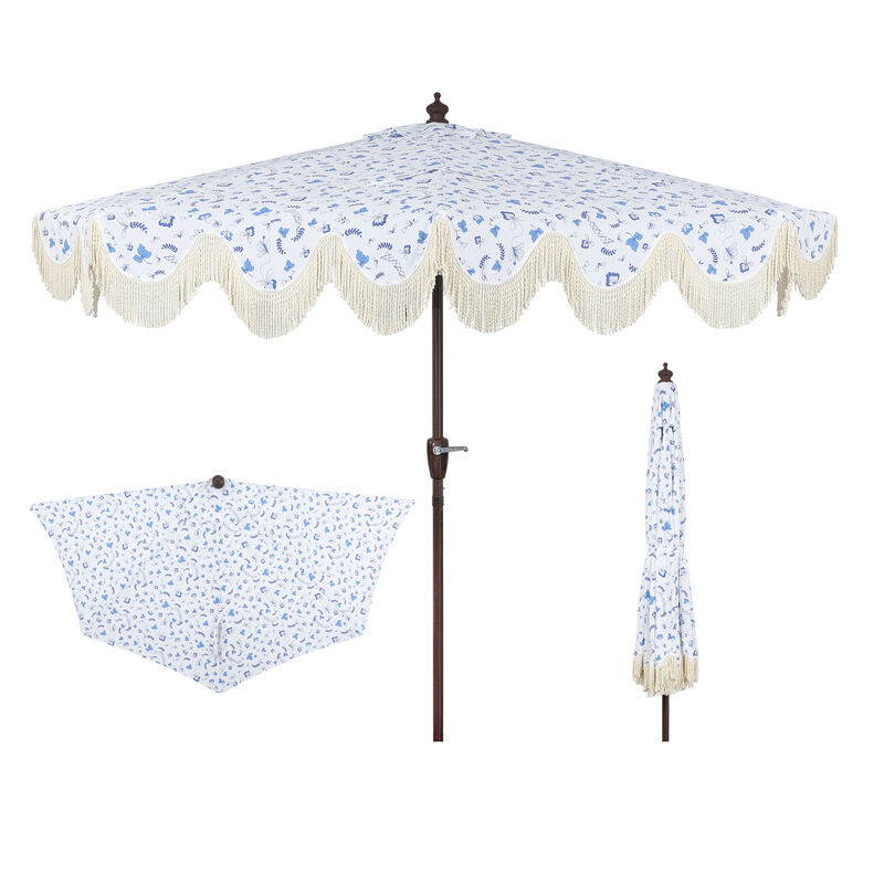 Beverly Designer Classic Scalloped Fringe Half Market Patio Umbrella with Crank, Push Button Tilt and UV Protection