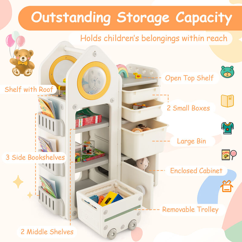 Multipurpose Toy Chest and Bookshelf with Mobile Trolley for Bedroom