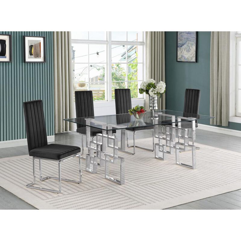 5-piece glam dining set with 4 Black chairs and one 79" glass  table