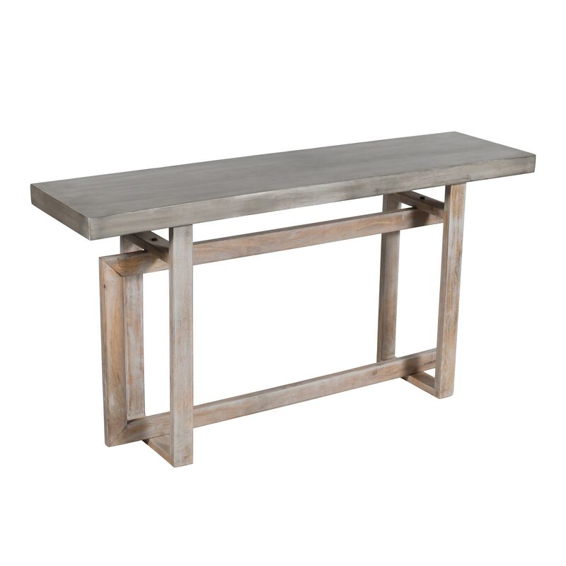 59 Inch Artisan Sideboard Console Table with Geometric Interlocked Base, Distressed Matte Gray-Benzara