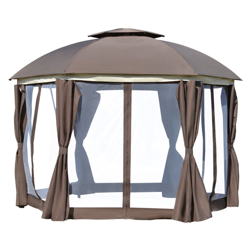 Round Outdoor Gazebo with Double Roof, Patio Dome Canopy Shelter with Netting Sidewalls and Zippered Doors