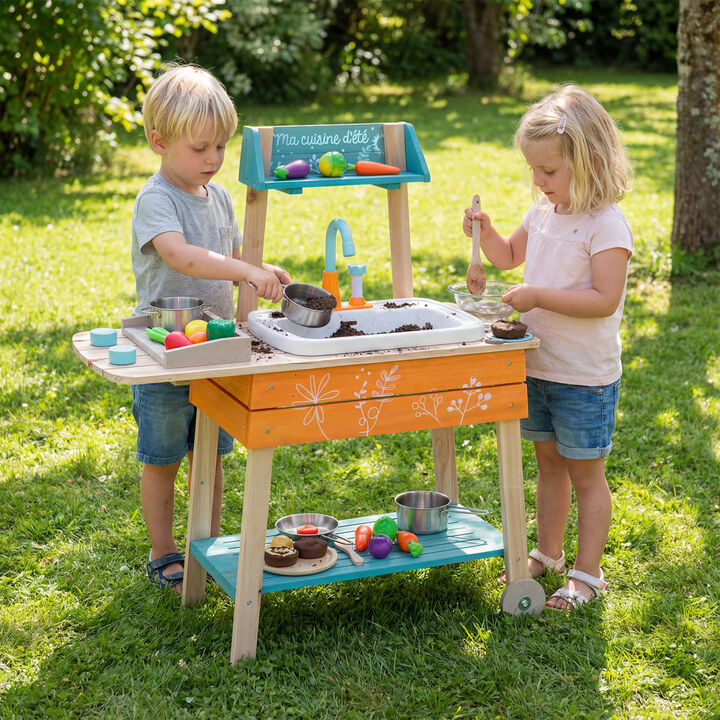 Wooden Toy Kitchen Playset for Kids with Removable Sink for Patio and Backyard-Multi-Color