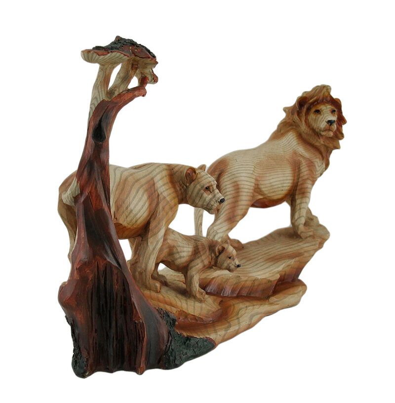 African Lion Family Carved Wood Look Resin Statue image number 1
