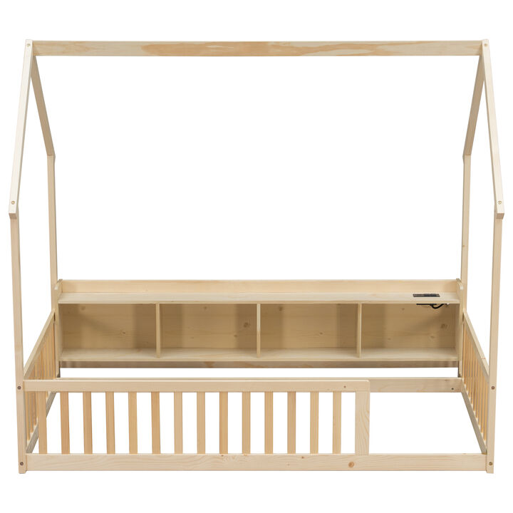 Whisen Twin Size House Floor Bed with Storage Shelves, LED Lights & Charging Station, Pine Wood Kids Platform Bed with Guardrails