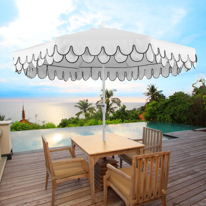 Tracy Classic MidCentury Scalloped Fringe Market Patio Umbrella with Auto-Tilt, Crank, Wind Vent and UV Protection