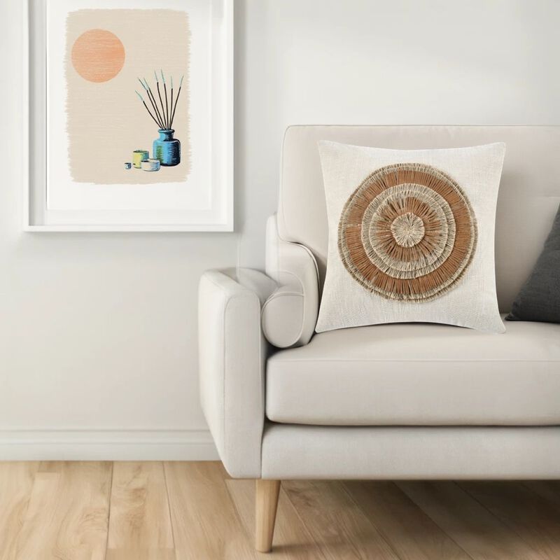 Square Accent Throw Pillow, 22 Inch Ivory Cotton, Brown Leather, Jute - Benzara