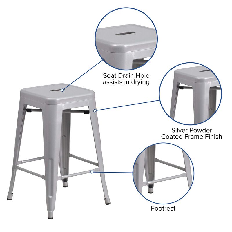 Flash Furniture Kai Commercial Grade 24" High Backless Silver Metal Indoor-Outdoor Counter Height Stool with Square Seat