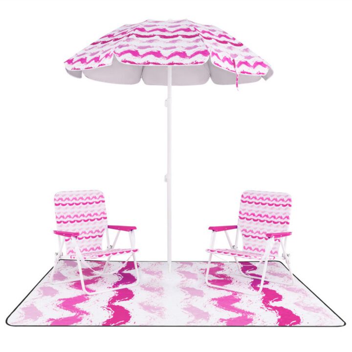 4 Pieces Beach Umbrella Set with 2 Foldable Chairs and Picnic Blanket-Blue