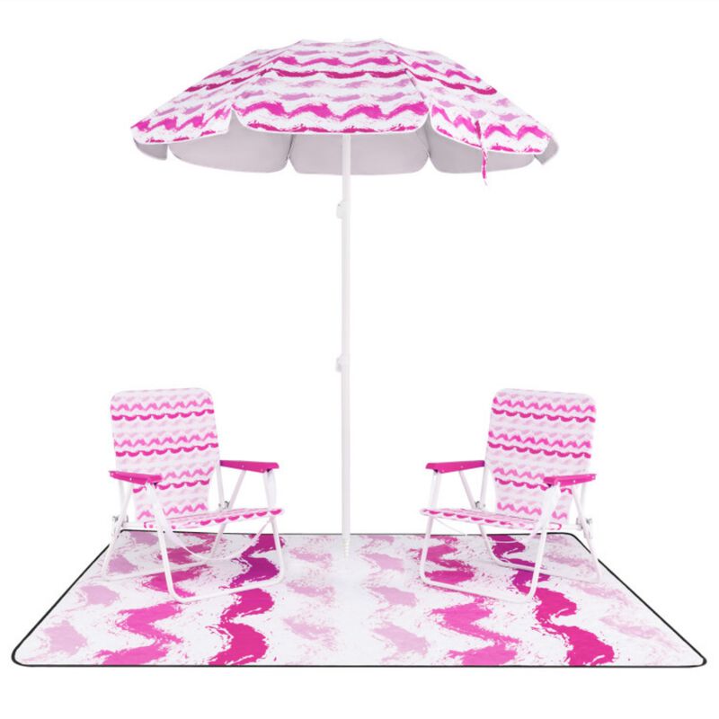 4 Pieces Beach Umbrella Set with 2 Foldable Chairs and Picnic Blanket-Blue image number 0