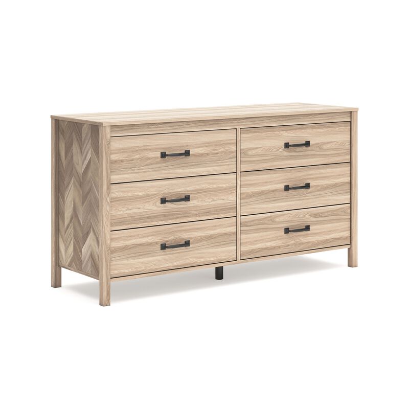 Bette Wide Dresser, 6 Drawers, Classic Light Oak Brown Finish, 60 Inch - Benzara
