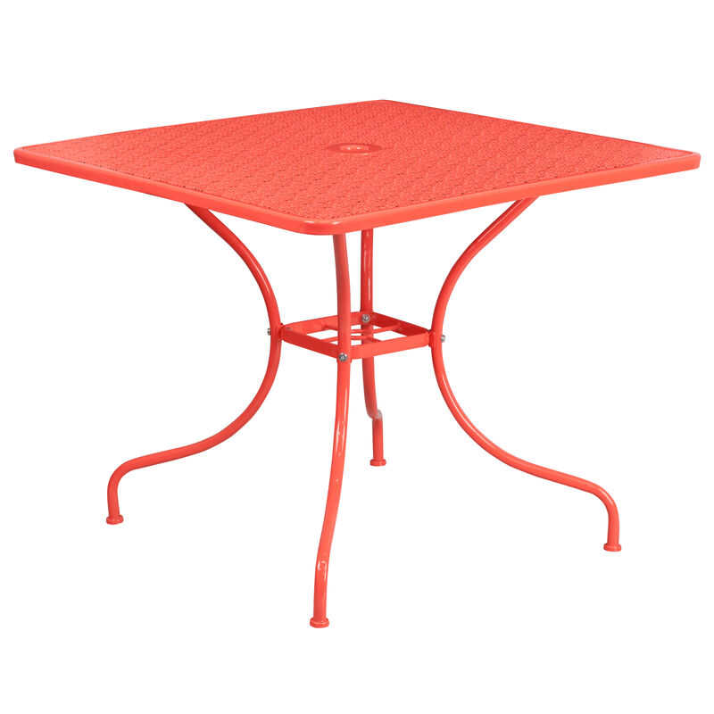 Flash Furniture Oia Commercial Grade 35.5" Square Coral Indoor-Outdoor Steel Patio Table Set with 2 Round Back Chairs