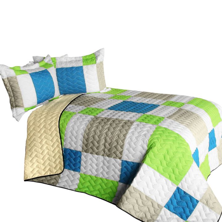 Queen Size Patchwork Quilt Set 3PC with Vermicelli Quilted Stitching