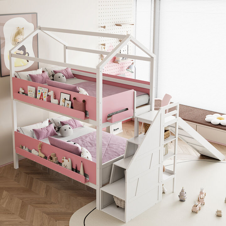 Merax Twin Over Twin/Full House Bunk Bed with Slide & Storage Guardrails