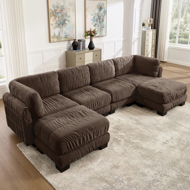 4 seat modular sectional sofa, Chenille L shaped sectional couch with ruched detailing, Modular sectional with 2 movable ottomans image number 4