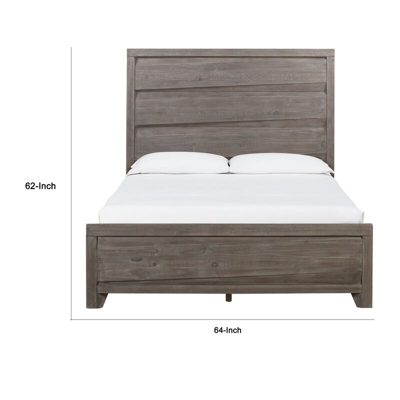 Vero Queen Size Bed, Roughhewn Washed Brown Wood, Asymmetric Panel Design - Benzara