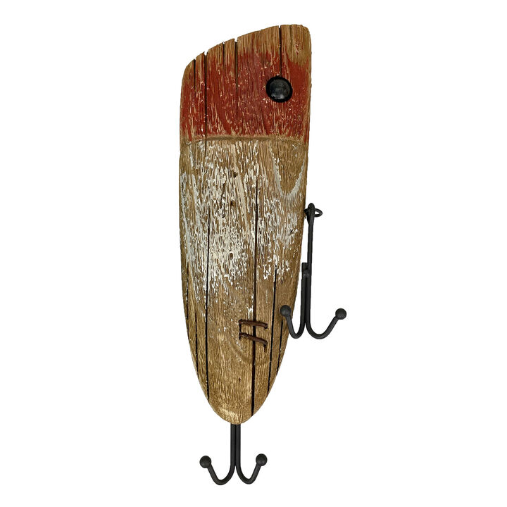Rustic Wooden Fishing Lure Wall Hook &ndash; Distressed Wood & Metal Double Hooks, 14 Inch Coastal Nautical Decor, Entryway Key Hat Leash Holder, Cabin Lake House Farmhouse Wall Mounted Organizer