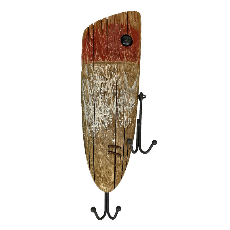 Rustic Wooden Fishing Lure Wall Hook &ndash; Distressed Wood & Metal Double Hooks, 14 Inch Coastal Nautical Decor, Entryway Key Hat Leash Holder, Cabin Lake House Farmhouse Wall Mounted Organizer image number 0