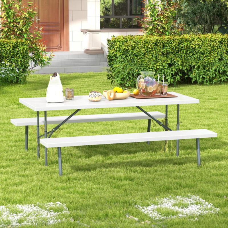 Hivvago Folding Picnic Table Set with Metal Frame and All-Weather HDPE Tabletop, Umbrella Hole
