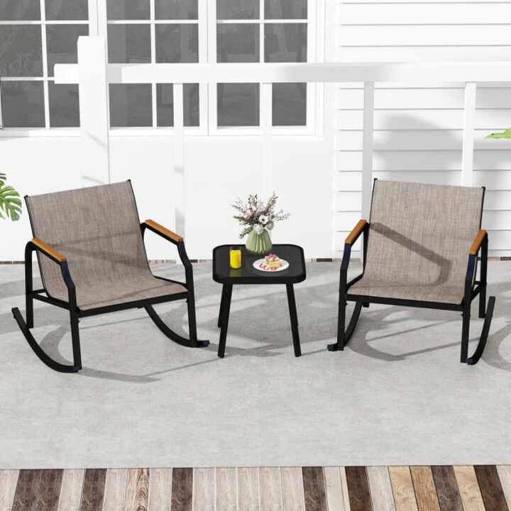 Hivvago 3 Piece Patio Rocking Bistro Set with Tempered Glass Coffee Table and Armrests for Porch