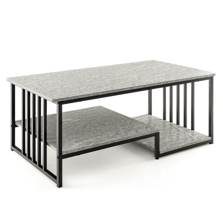 Faux Marble Coffee Table with Open Storage Shelf-Gray
